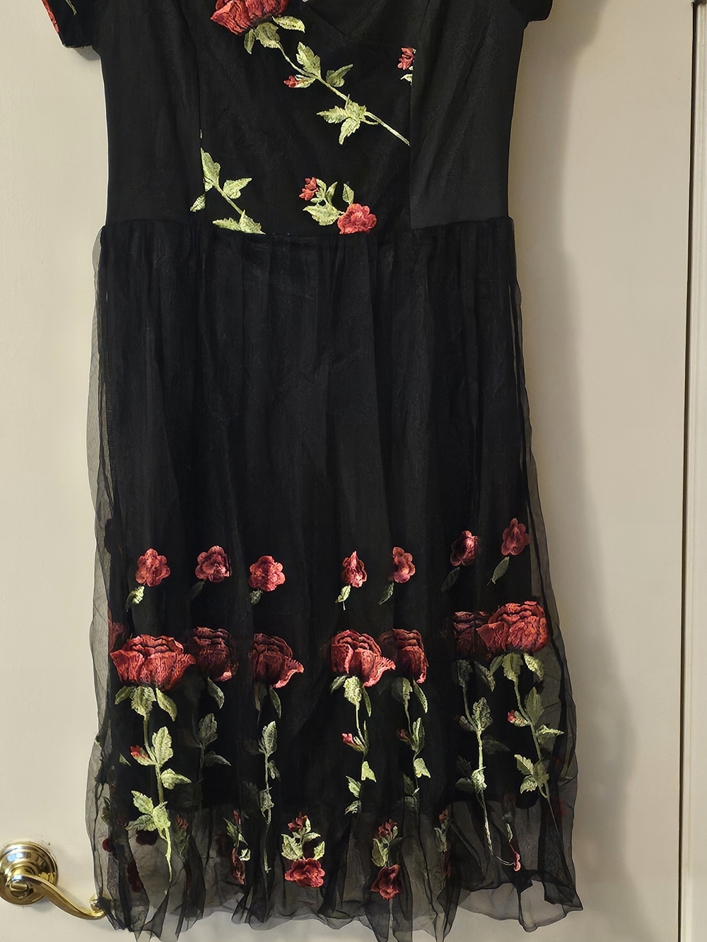 Black Embroidered Rose Mesh Overlay Dress - Size L